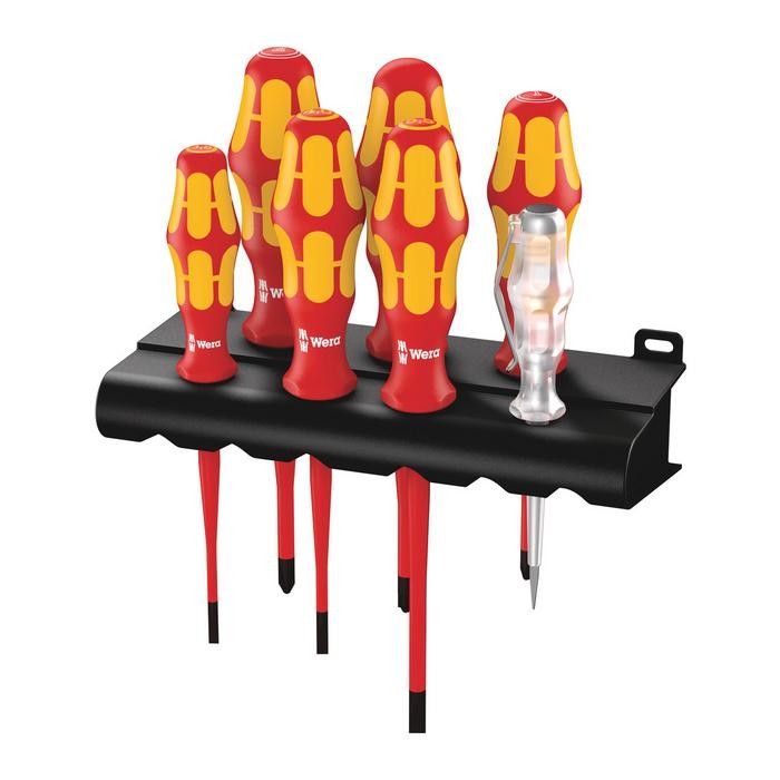 Wera 160 iS/7 Rack screwdriver set Kraftform Plus Series 100, voltage tester and rack. With reduced blade diameter (05006480001)