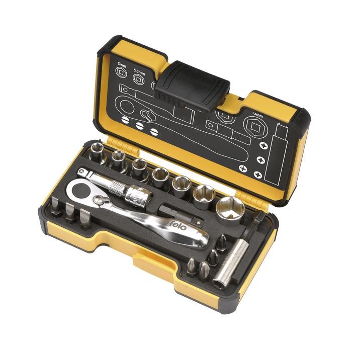Felo 5771806 Tool set XS 18 1/4&quot; with mini ratchet, bits, sockets and accessories, 18-pce