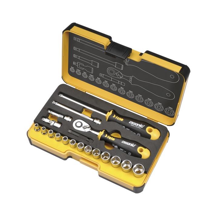Felo 5781906 Tool set R-GO 19 1/4&quot; with ERGONIC ratchet, sockets and accessories, 19-pce