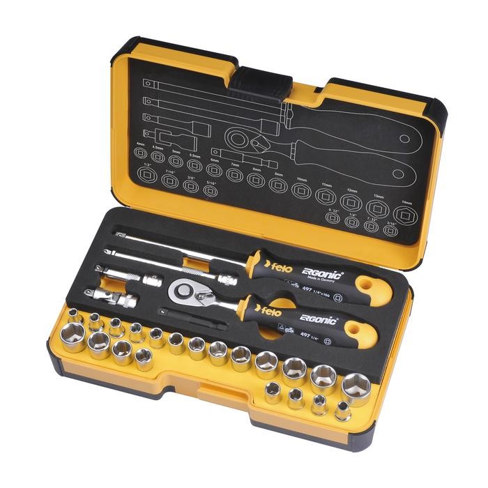 Felo 5782706 Tool set R-GO 27 1/4&quot; with ERGONIC ratchet, sockets (inch and metric) and accessories, 27-pce