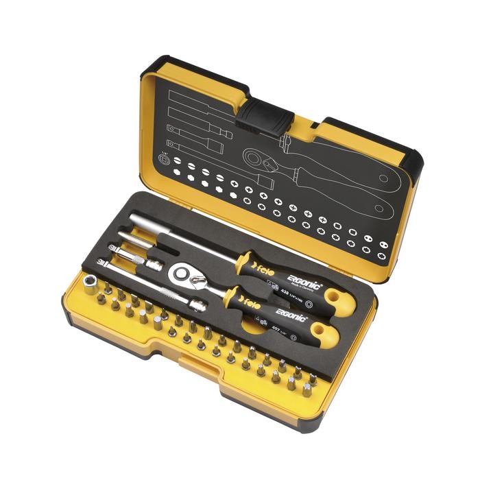 Felo 5783606 Tool set R-GO 36 1/4&quot; with ERGONIC ratchet, bits and accessories, 36-pce