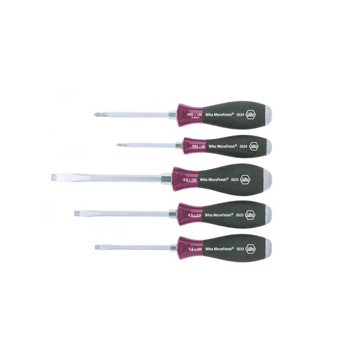 Wiha Screwdriver set MicroFinish® Slotted, Phillips with one-piece hexagonal blade and solid steel cap, 5-pcs. (29138)