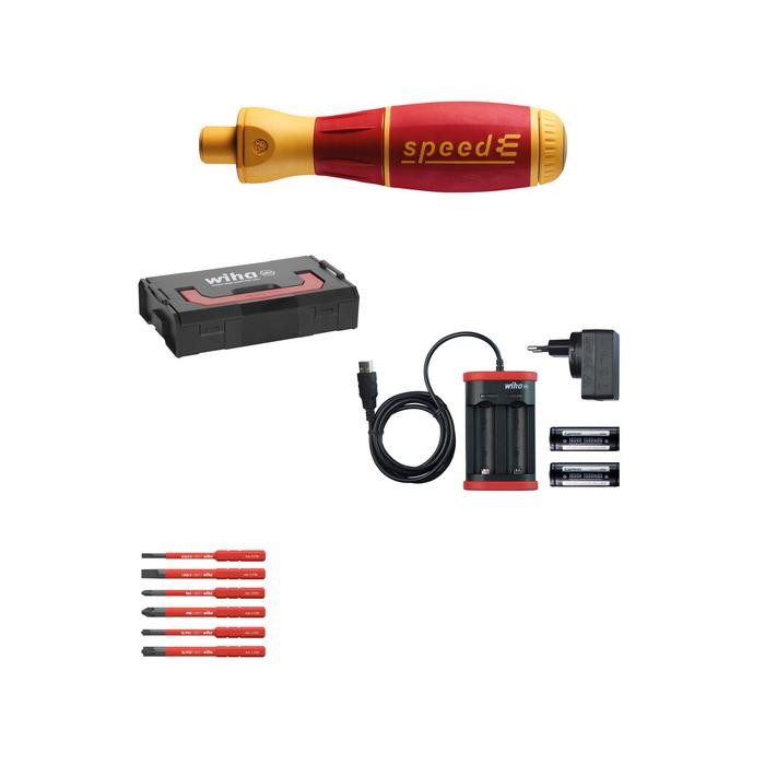 Wiha E-screwdriver, set 1, speedE®  Slotted, Phillips, PlusMinus/Pozidriv, 10 pcs in L Boxx Mini with slimBits, batteries and EU charger (41911)