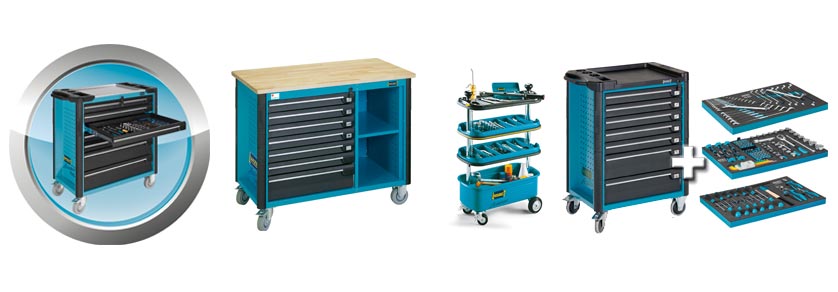 Tool trolley, - accessories and with assortments